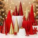 24 Pcs Large Cone Christmas Trees with Snowflakes Set, 14'' 11'' 8'' Christmas Tree Tabletop Decor & Wooden 3D Snowflake Table Centerpiece for Gifts Winter Home Decorations(Red)