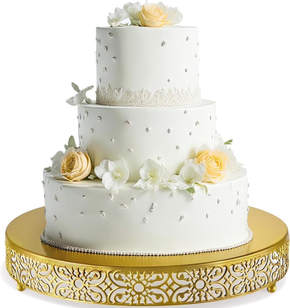 Wenqik 16 Inch Cake Stand, Metal Round Cake Stands Set with Modern Design White Dessert Display Cupcake Stands Plates Fruit Serving Tray for Wedding Birthday Baby Shower Party (Gold)
