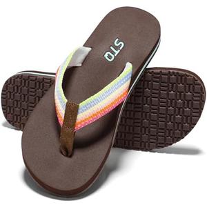 STQ Women Beach Flip Flops with Arch Support Thong Sandals for Water Shower Vacation Coffee Multi 