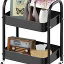Melody House 2 Tier All-Metal Rolling Storage Cart with Handle and Locking Wheels - Kitchen, Laundry, Office, Bathroom Organizer, Black