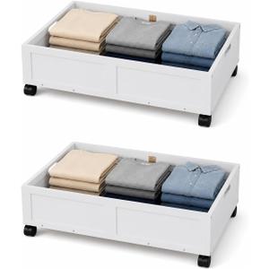 2 Pack Bamboo Under Bed Storage Containers with Wheels, White