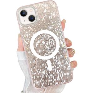 for iPhone 13 Case Magnetic, Compatible with Magsafe, Crystal Diamond Grid Glitter Design Bling Sparkly Shiny for Women Girls Soft Slim Protective Phone Cover, Pink