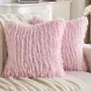 FUTEI Pack of 2 Faux Feather Plush Throw Pillow Covers 18x18 Inch Soft Fluffy Solid Farmhouse Decorative Cushion Cases Modern Luxury Accent for Couch Bed Living Room, Pink