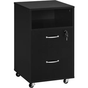 Yaheetech File Cabinet, Under Desk Vertical Cabinet with 2 Drawers and Open Compartment, Printer Stand with Lockable Wheels for A4 Letter Size Hangable File Folders for Home Office (Black)