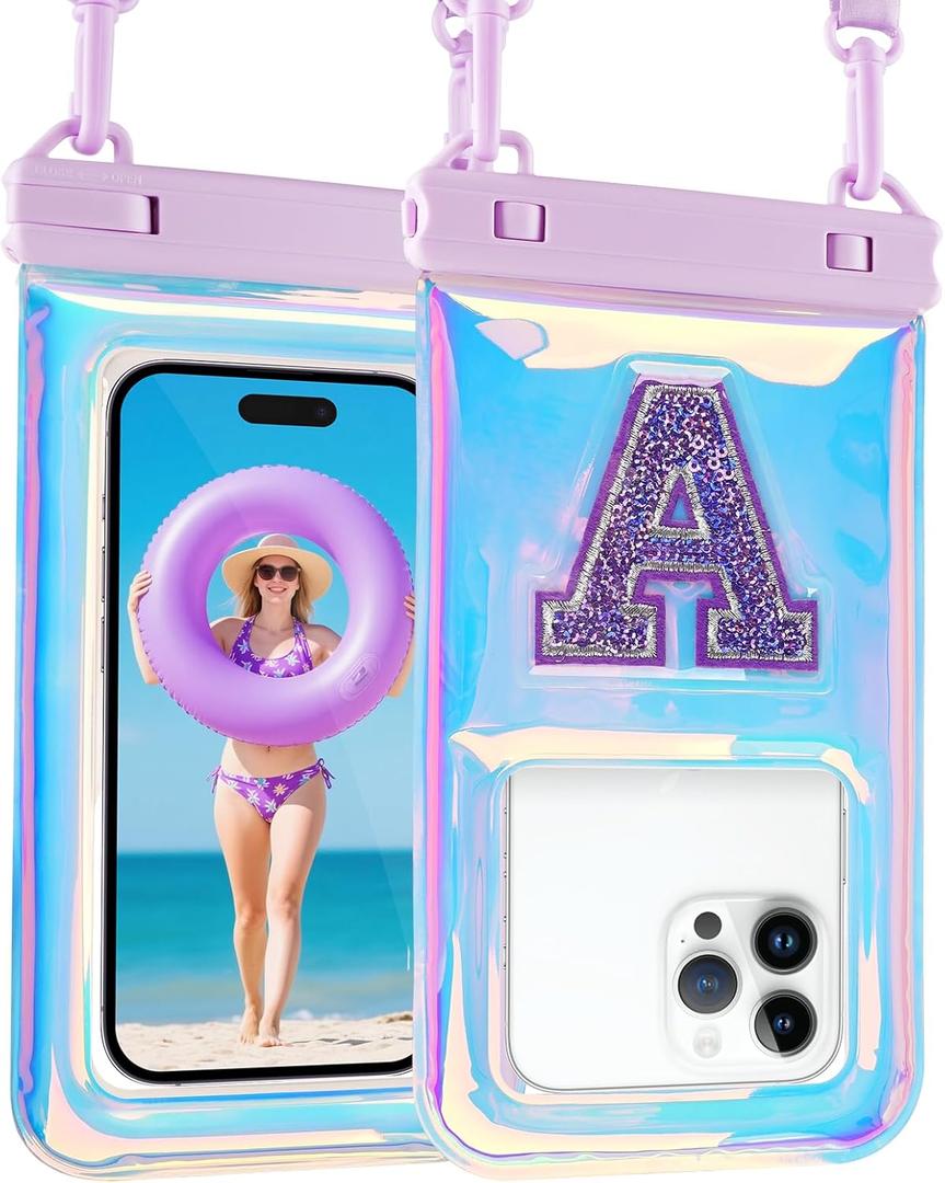 Waterproof Phone Pouch Floating, Fashion Bling Letters Cell Phone Dry Bag for iPhone 16 15 14 13 12 11 Pro Max, Galaxy S25 S24 S23 S22 Ultra Google, Up to 7.5 Inch, Glitter Letter A Iridescent