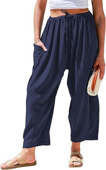 TARSE Womens Linen Wide Leg Pants Casual Loose Drawstring Summer Beach Travel Vacation Palazzo Harem Pants with Pockets (XS, Navy)