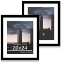 20x24 Picture Frame Set of 2, 20 x 24 Wood Poster Frames with Mat for 16x20, Wooden Photo Frames with Tempered Glass Cover for Wall Display, Black