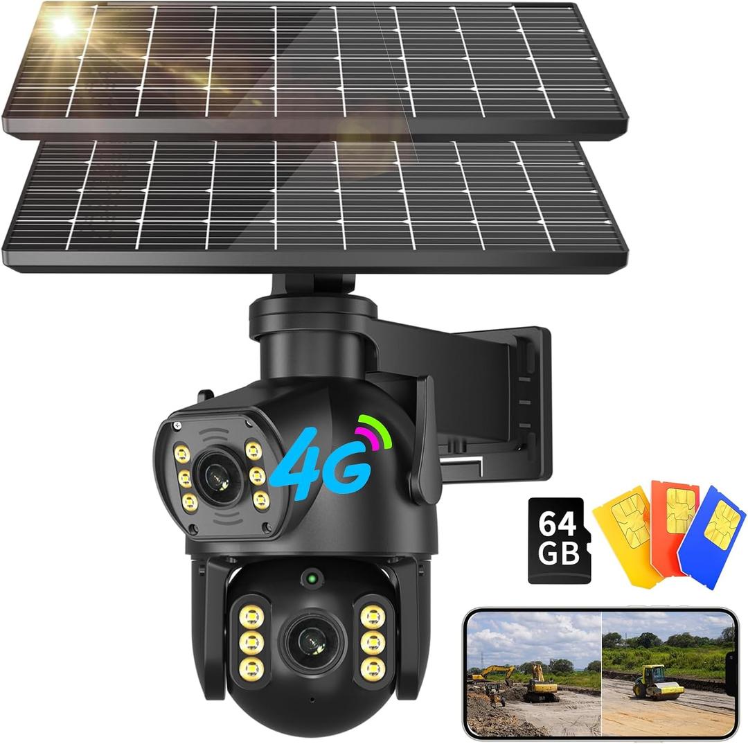 Neye 4G LTE Solar Security Camera 4K with Dual Lens Color Night Vision, Rotating Head, and Two Solar Panels,12000mah Battery,PIR Motion Sensor, 2 Way Talk, Built in SIM Card with 64g sd Card