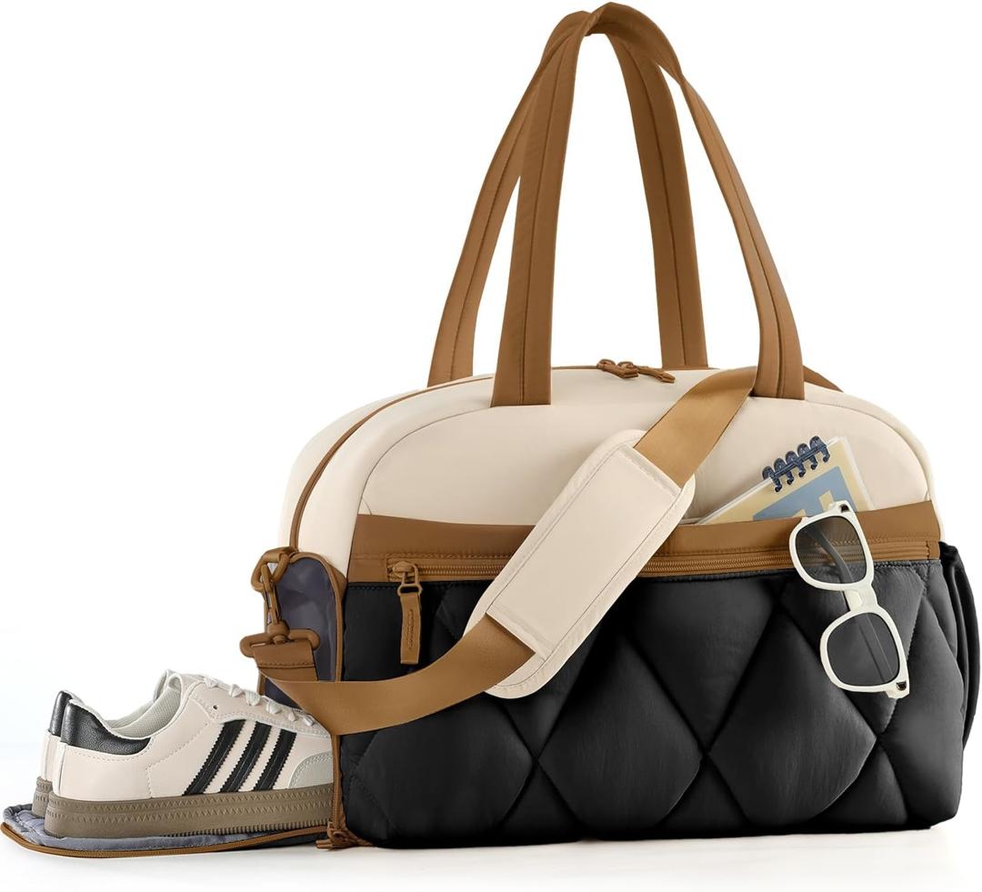 Gym Bag for Women, Puffer Travel Duffle Bag With Shoes Compartment & Wet Pocket, Carry On Tote Bag For Weekender, Overnight, Sport (Beige & Brown, Large)