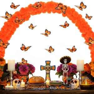 26pcs Day of The Dead Marigold Arch Set Includes Artificial Marigold Garland Arch 2 Fixing Brackets Plastic Ties and Simulated Monarch Butterfly for Day of The Dead Altar Table Decoration