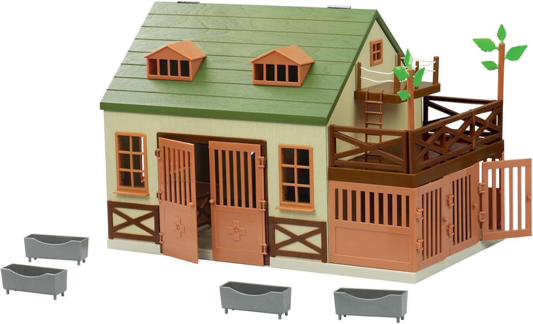 Terra by Battat  15 Pcs Animal Hospital Pretend & Play Set - Openable Rooftop for Farm or Safari Animal Figurines - Wooden Vet Clinic Toy for Kids and Toddler Ages 3+