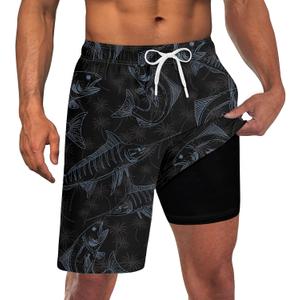 Goodstoworld Mens Swim Trunks with Compression Liner 9'' Inseam Quick Dry Swimsuit Shorts M-3XL (XX-Large, Hawaiian Fish)
