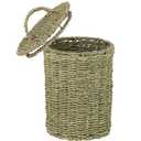 Boho Wicker Garbage Can with Lid,Waterproof Bathroom Garbage Can Hand Woven Wicker Waste Baskets for Kitchen Office Bedroom (1.3Gallons, Seagrass)