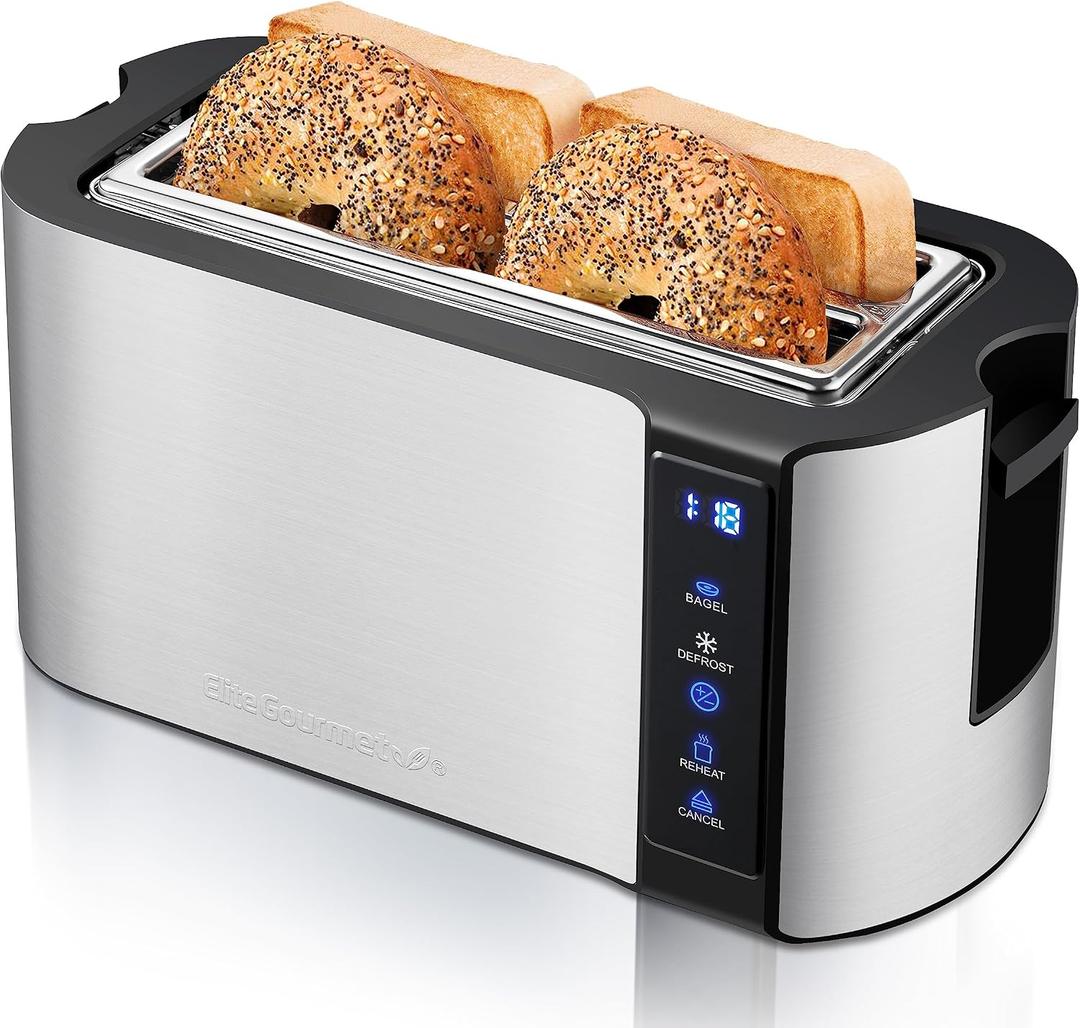 Elite Gourmet ECT5322 Long Slot 4 Slice Toaster, Countdown Timer, Bagel Function 6 Toast Setting, Defrost, Cancel Function, Built-in Warming Rack, Extra Wide Slots for Bagels Waffles, Stainless Steel