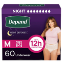 Depend Night Defense Adult Diapers, Incontinence & Postpartum Bladder Leak Underwear for Women, Disposable, Overnight, Medium, Blush, 60 Count (4 Packs of 15)