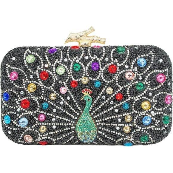 Rhinestone Clutch Purses for Women Square Peacock Black