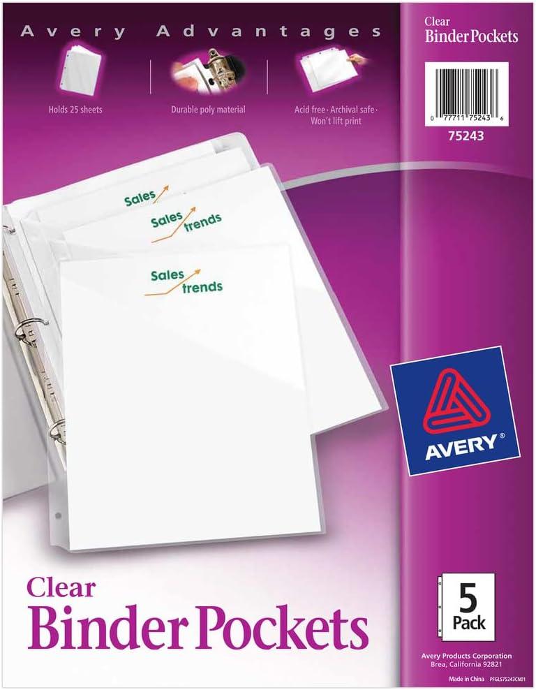 3 x Avery Binder Pockets for 3 Ring Binders, Clear, for 8.5" x 11" Documents, Acid-Free and Archival-Safe, 5 Binder Folders Total (75243)