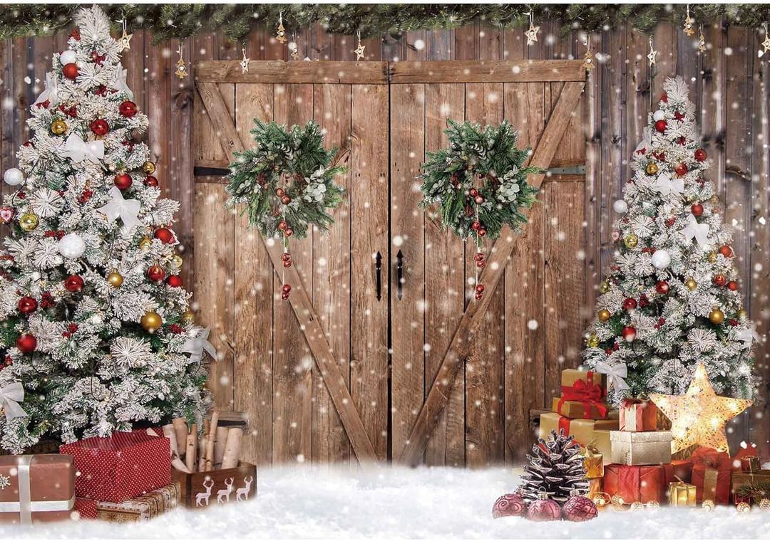 10x8FT Polyester Fabric Winter Christmas Rustic Barn Wood Door Photography Backdrop Xmas Tree Snow Background Banner for Family Holiday Party Decoration Supplies Photo Studio Props Pictures