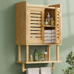 AmazerBath Bathroom Wall Cabinet, Bamboo Over The Toilet Storage Cabinet, Hanging Medicine Cabinets with Towel Bar, Wall Mounted Storage Shelf with Adjustable Shelves for Small Spaces