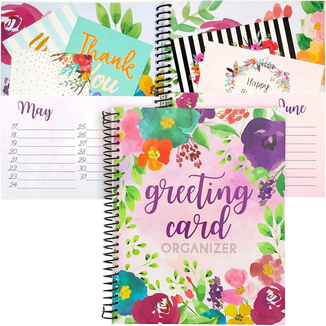 Floral Month by Month Greeting Card Organiser Book with 24 Pockets, Card and File Keeper Dividers for Birthdays, Weddings, Milestones, Graduation Parties, Holiday Reminders (21 x 25 cm)