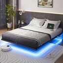 Queen Size Floating Bed Frame with USB Charging Station and LED Lights, Modern Metal Platform Bed Frame with Mattress Slide Stopper, Noise Free No Box Spring Needed and Easy Assembly