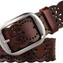 JASGOOD Women's Hollow Flower Genuine Leather Belt for Jeans Pants Wide Belt for Ladies, (Dark Brown)