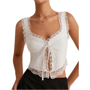 MakeMeChic Women's Floral Lace Camisole Tops Sleeveless Tie Front Wide Strap Crop Tank Top (Medium, White)