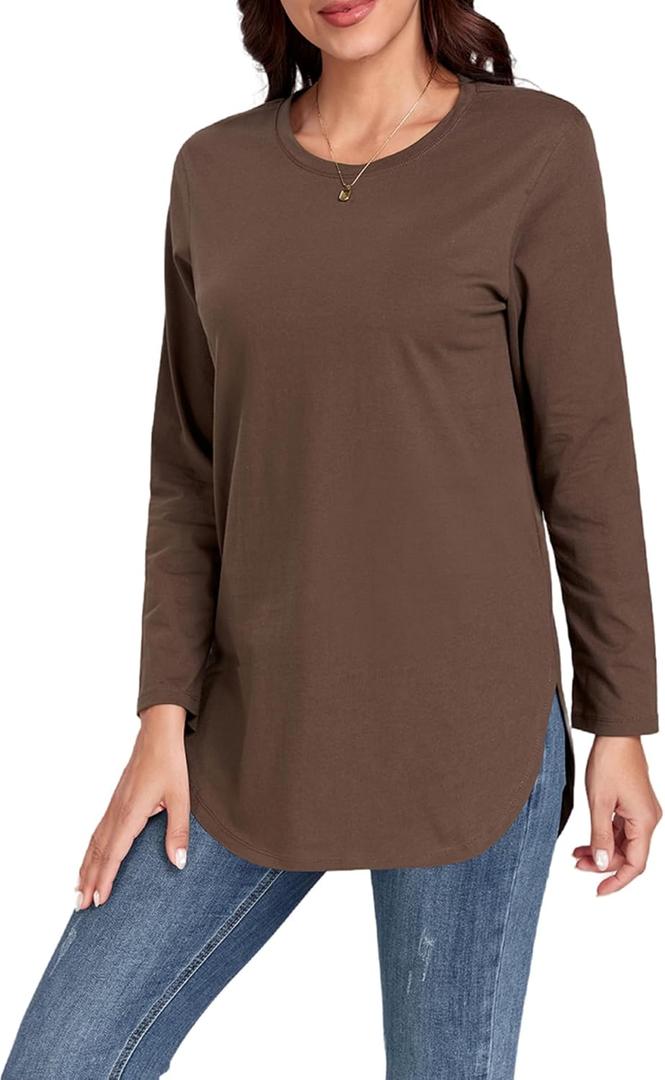 Women's Casual Cotton Sleeveless/Long Sleeve T Shirt Round Neck Basic Loose Tunic Tops (Brown, M)