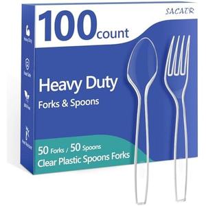 100 Count Plastic Silverware Heavy Duty -50 Forks, 50 Spoons, BPA-Free, Heat Resistant, Disposable Plastic Utensils Set, Plastic Cutlery Set, Plasticware Suitable for Party Everyday Use