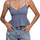 LYANER Women's V Neck Elastic Waist Pleated Ruffle Hem Sleeveless Strappy Crop Cami Top (Blue, XL)