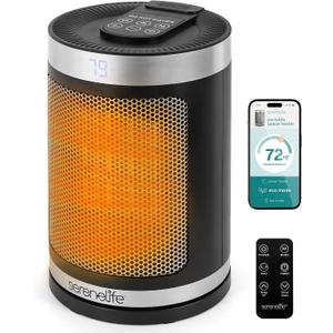 SereneLife Smart Space Heater – 1500W Indoor Electric Heater with Thermostat, Remote Control, 12-Hour Timer, Wi-Fi Enabled PTC Ceramic Heating for Home and Office, Black (5.9" x 5.9" x 9.5")
