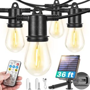 36FT Solar String Lights - Outdoor Waterproof 10+1 LED Bulbs, Remote Control, Timer, Dimmable 8 Modes, USB Port, Solar Lights for Outside, Patio, Yard, Balcony, Garden, Camping