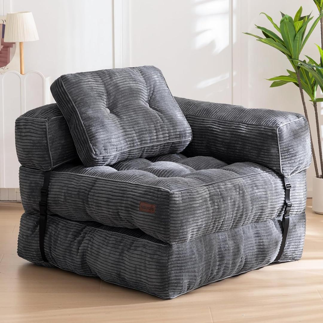 MAXYOYO Folding Sofa Bed, L-Shaped Convertible Sofa Bed with Armrest Foldable Sleeper Couch with Pillow, Portable Fold Out Chair Comfy Floor Couch Lounge for Living Room Bedroom, Black, Double