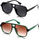 FEISEDY Retro Square Aviator Sunglasses Women Men 70s Vintage Trendy Plastic Frame Sun Glasses B4158 (Black & Green)