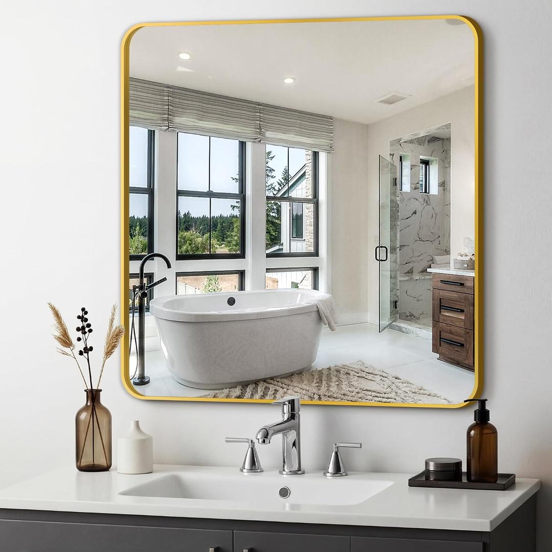 Delma Bathroom Vanity Mirror, Black Framed Bathroom Mirror for Over Sink, High-Definition Bathroom Mirror, Versatile Bathroom Vanity Mirror, Hangs Horizontally or Vertically(30x30, Gold)