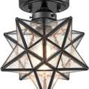 Moravian Star Light Flush Mount Ceiling Light Black with Seeded Glass Shade for Living Room Bedroom Kitchen Hallway, Seeded Glass 8in