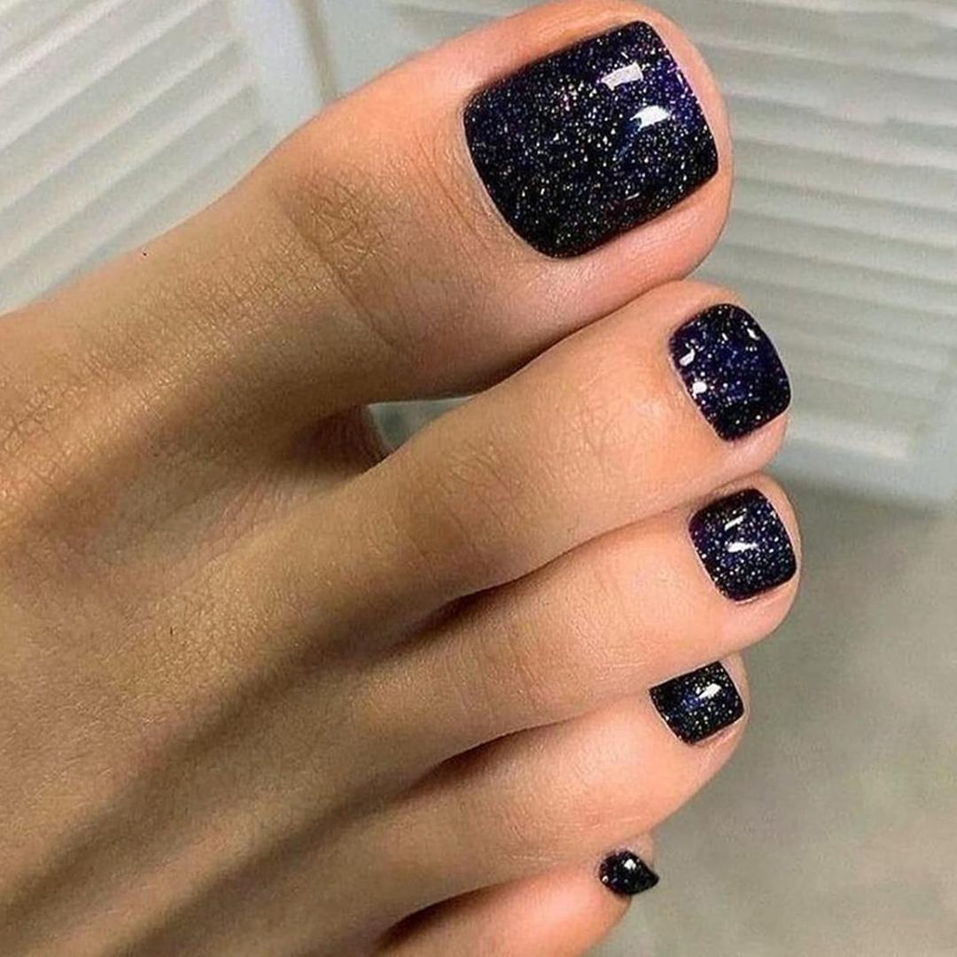 Square Press on Toenails Short Fake ToeNails with Glitter Designs Dark Blue Nail Press ons Glossy Glue on Tonails Summer False Toenails Full Cover Artificial Stick on Nails for Women 24Pcs
