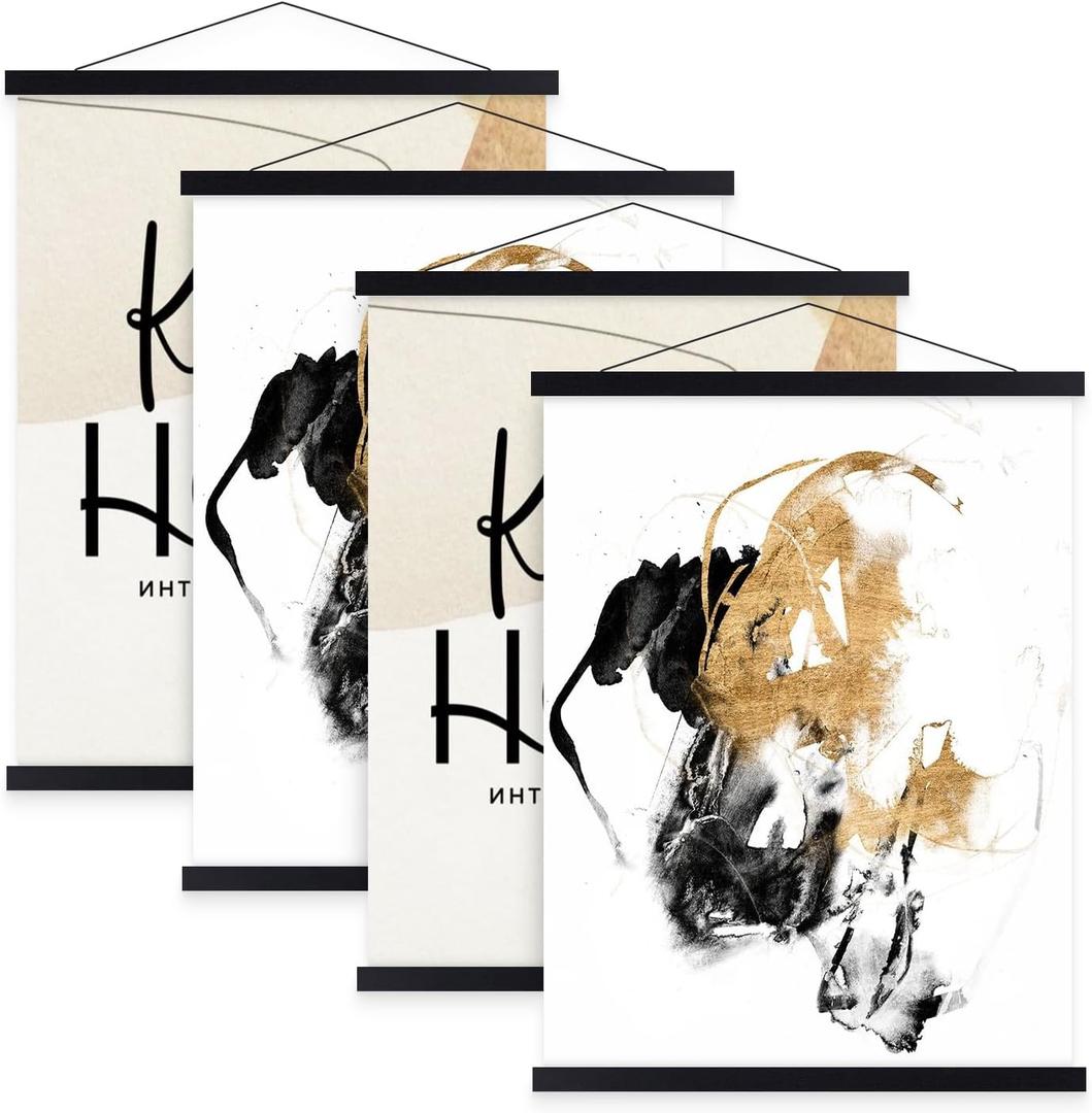 4 Pack 8x10 8x12 8x18 Poster Frame, Magnetic Light Wood Frame Hanger for Photo Picutre Canvas Artwork Art Print Wall Hanging (4 Packs, 8", Black)