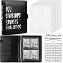 100 Envelopes Money Saving Challenge Binder, Easy and Fun Way to Save $5,050, A5 Budget Book with Cash Envelopes Kit,Black,White