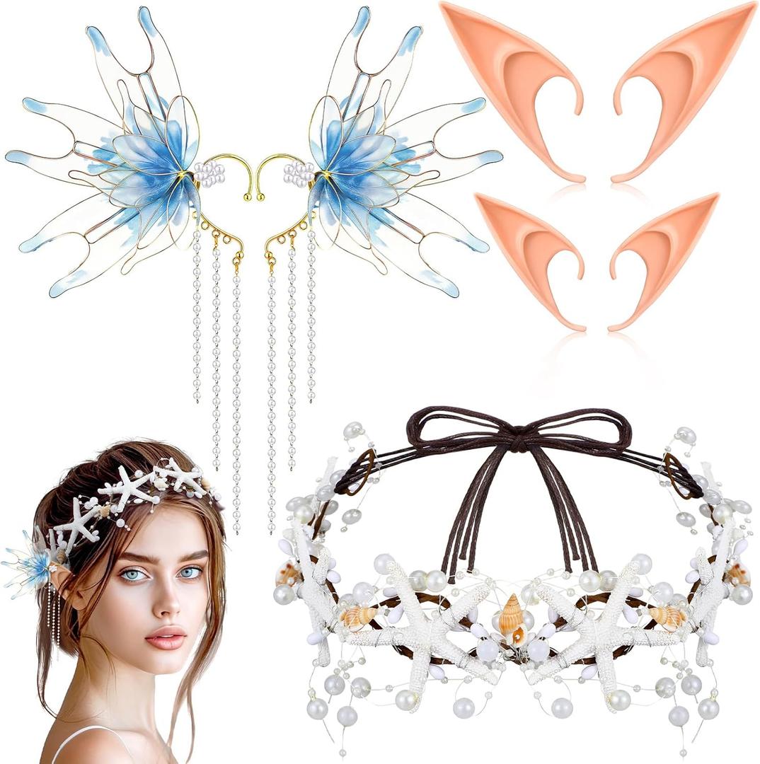 Janinka 7 Pcs Mermaid Fairy Ear Cuff with Crown Elf Ear Mermaid Crown Starfish Tiara Halloween Renaissance Cosplay Costume for Women
