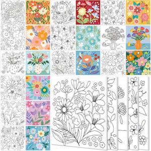 Teling 12 Pcs Pre Drawn Stretched Canvas Kit for Adults Painting Pre Printed Canvas Outline for DIY Painting Party Favor, 6 x 6 x 0.6 Inches (Flower)