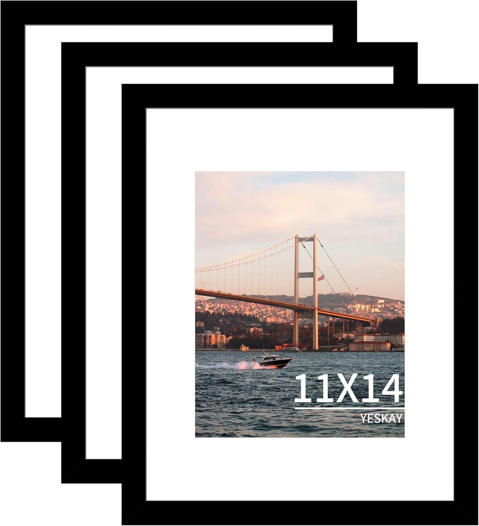 11x14 Picture Frame 3 Pack - Black Poster Frame Display Pictures 8x10 with Mat or 11 x 14 Without Mat for Wall Hanging Horizontal and Vertical