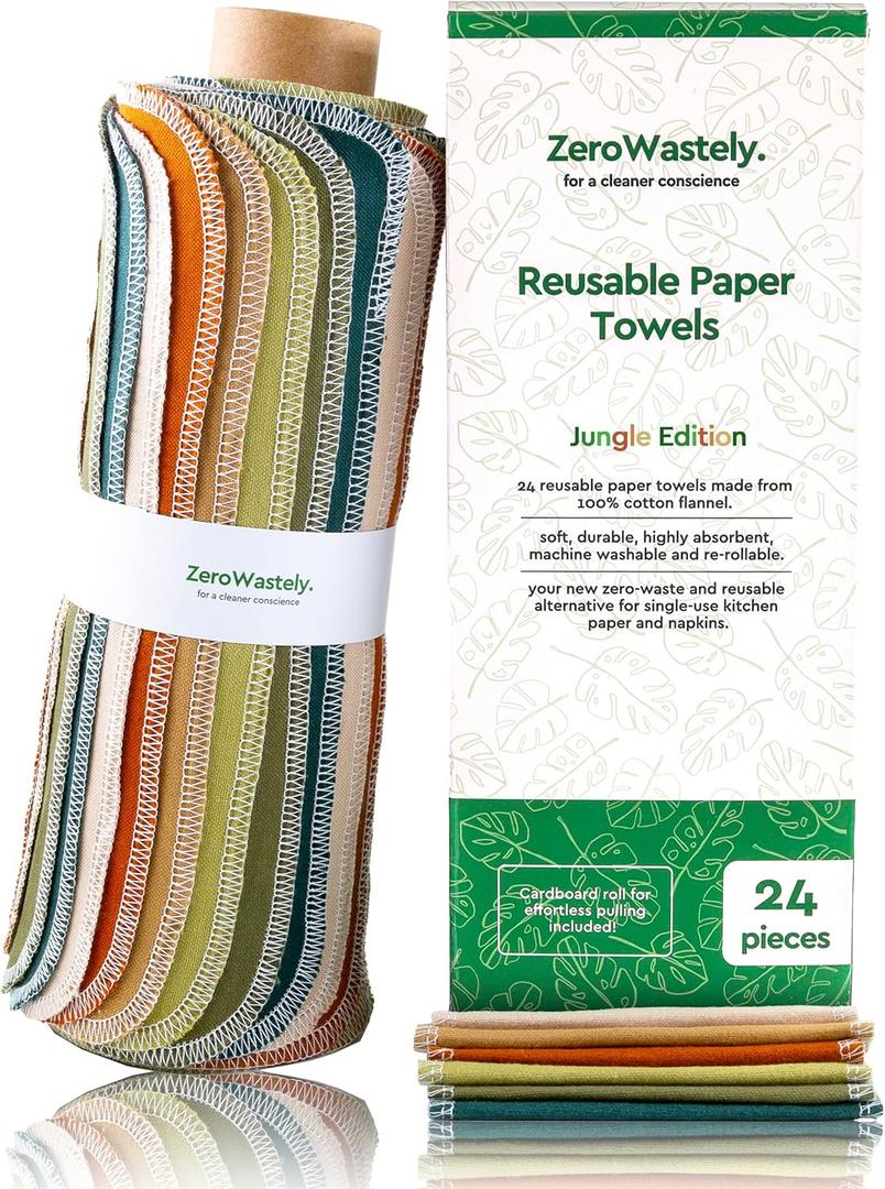 Reusable Paper Towels - Value Pack of 24 Paperless Paper Towels! - 100% Cotton, Super Soft, Absorbent, Washable and Made To Last (Jungle)