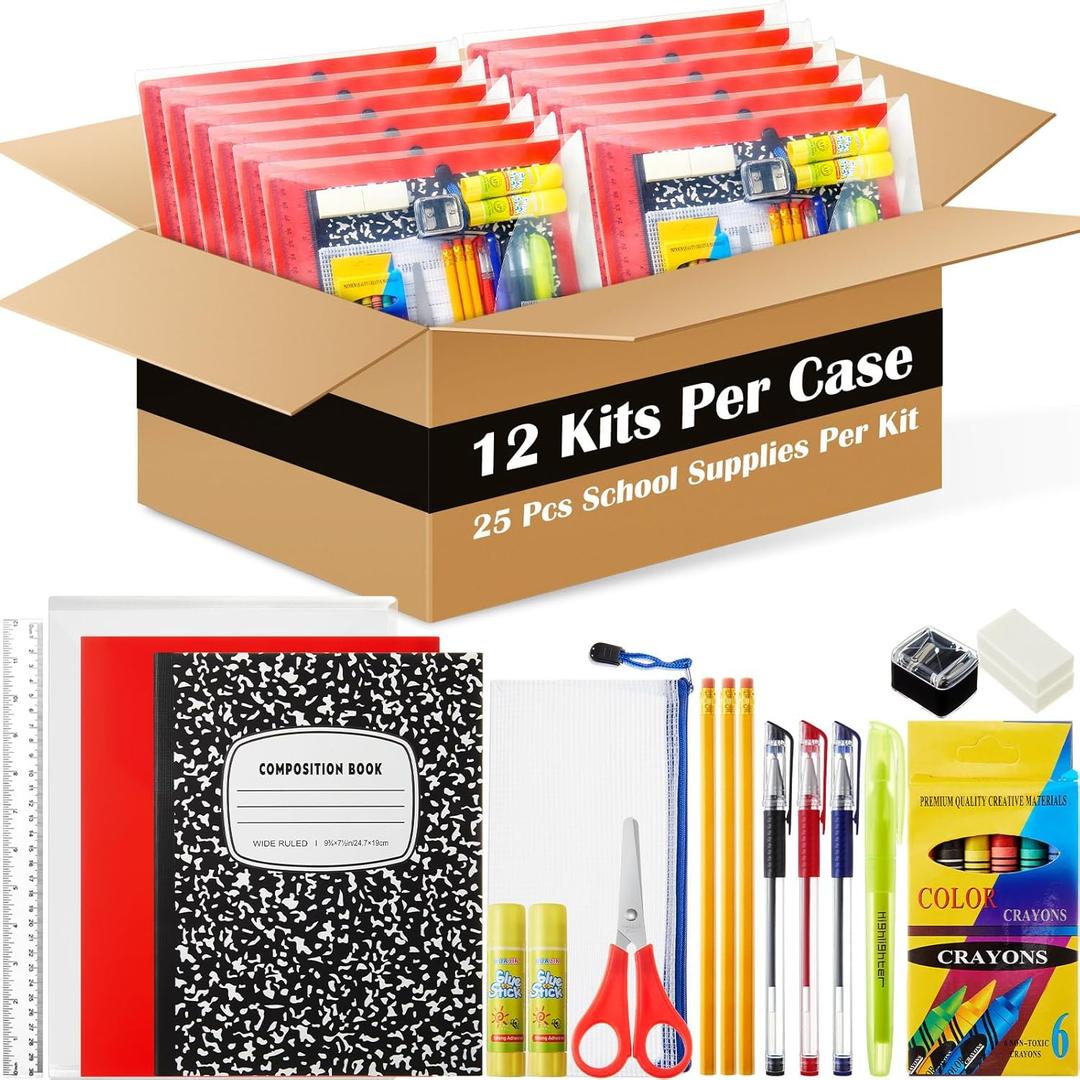 12 Sets Back to School Supplies Kit for Students Grade 7-12 Donation Kits Back to School Supplies Bundle Essentials Includes Folder Highlighters Crayons Notebooks Scissors and More