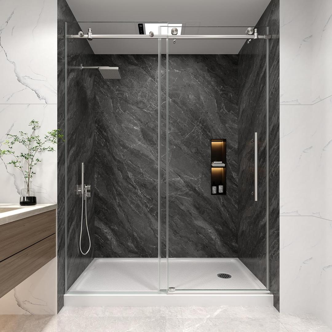 KPUY Frameless Shower Door, 55-60" W x 76" H Sliding Glass Shower Door, 1/4" (6mm) Thick Tempered Clear Glass with Explosion-Proof Film Nano Coating, Stainless Steel Hardware, Brushed Nickel