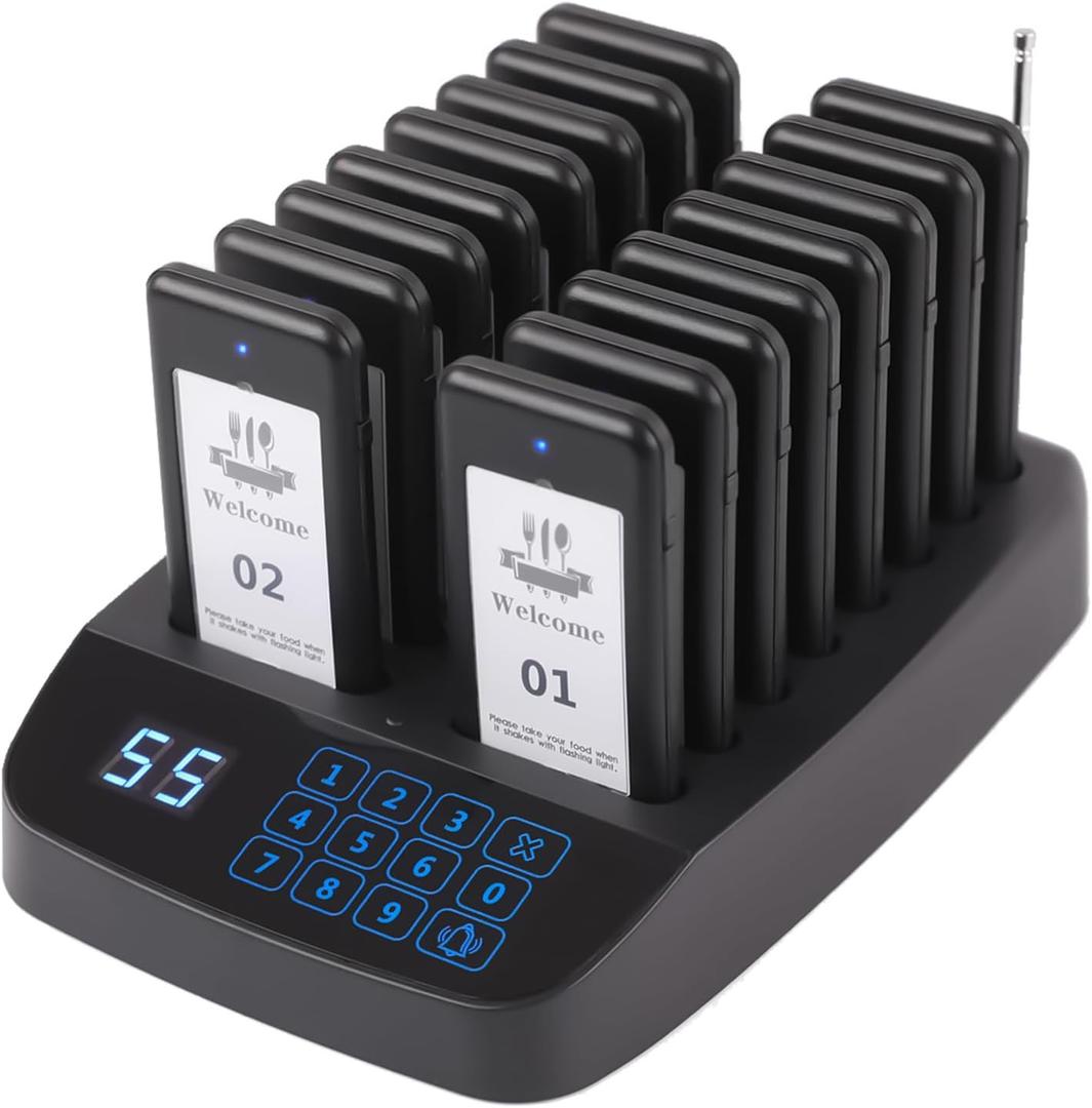 16 Beepers Wireless Restaurant Pager System 500ft Range Calling Customers Waiting Pagers, Vibration Flash and Buzzer for Cafe Restaurant Food Trucks Churches Hospitals Hotels Eatery