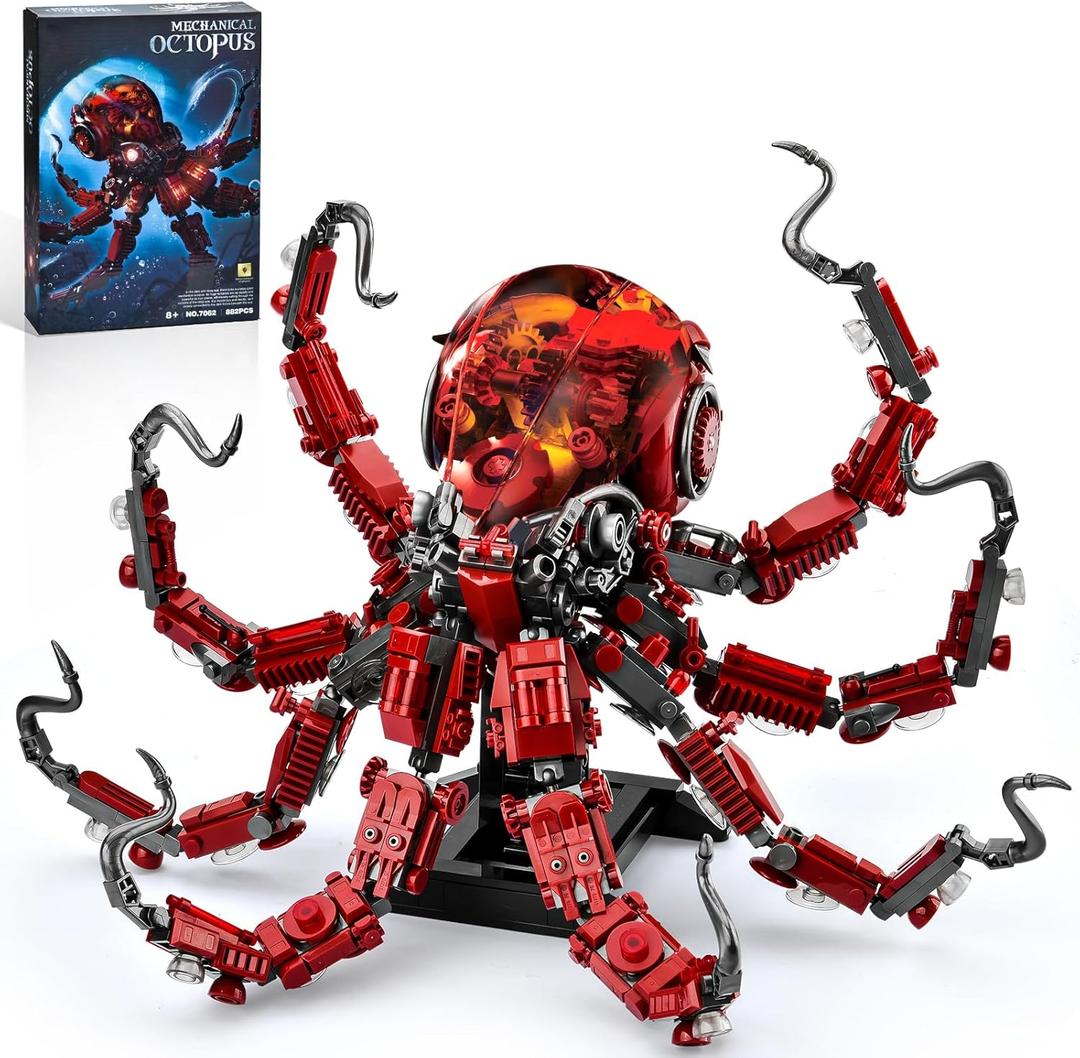 XITALAXU Mechanical Octopus Building Sets for Adult, Ocean Animal Collection Toy with Display Stand and Light, Home Office Decor and Idea Gift for Teen 14+(882PCS)
