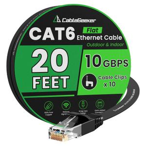 Cat 6 Ethernet Cable 20 ft, Indoor&Outdoor, High Speed 10Gbps Flat Internet Network Cable, Pure Copper Ethernet Patch Cable Long, Computer LAN Cable with Clips & Straps for Router, Modem, PS4/5, Black