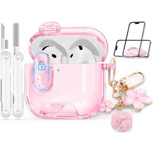 with Safety Lock for Apple AirPods 4 Case 2024,Clear Cases with Phone Stand & Cleaning Kit,Soft TPU Cover for AirPods 4th Generation Case,Cute Bling Keychain for Women Girls-Clear Pink