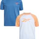 Reebok Boys Swim Shirt - 2 Pack Short Sleeve Rash Guard for Boys UPF 50+ Quick Dry Kids Swimwear Sun Shirt for Summer (8, Orange)